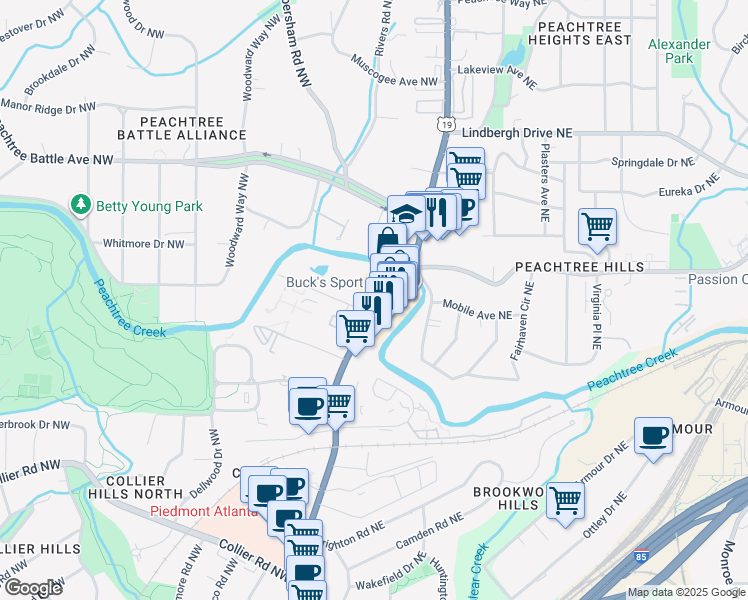 map of restaurants, bars, coffee shops, grocery stores, and more near 2300 Peachtree Road in Atlanta