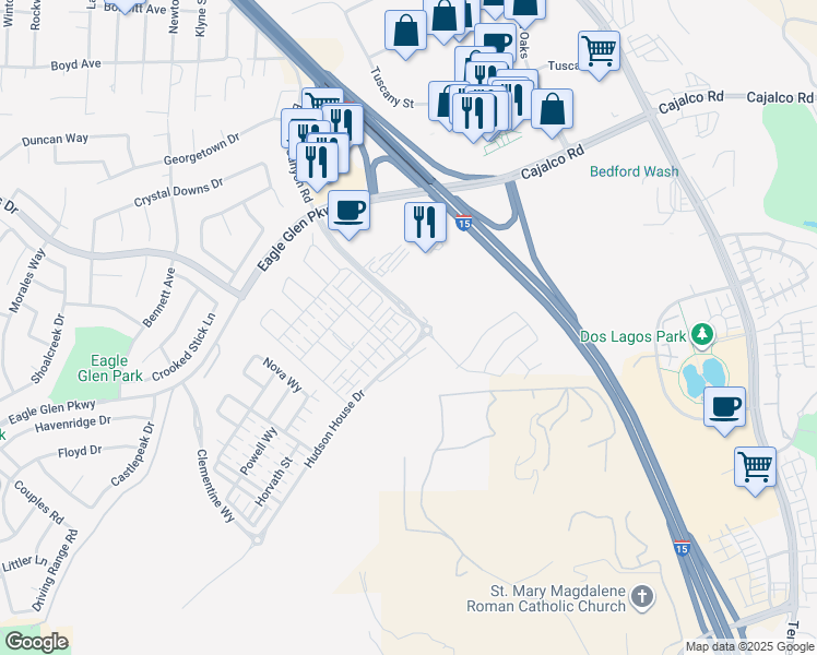 map of restaurants, bars, coffee shops, grocery stores, and more near 2640 Sprout Lane in Corona