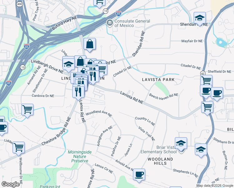 map of restaurants, bars, coffee shops, grocery stores, and more near 1314 Lavista Road Northeast in Atlanta