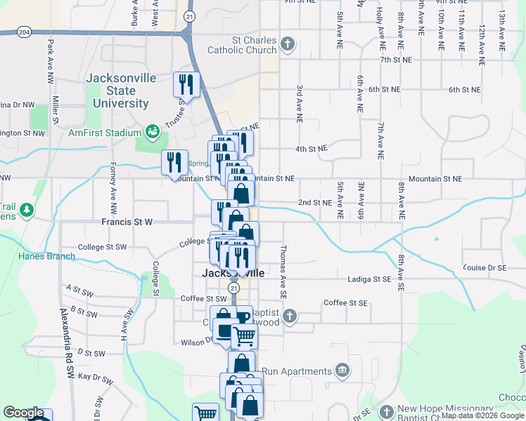 map of restaurants, bars, coffee shops, grocery stores, and more near 201 Church Avenue Northeast in Jacksonville