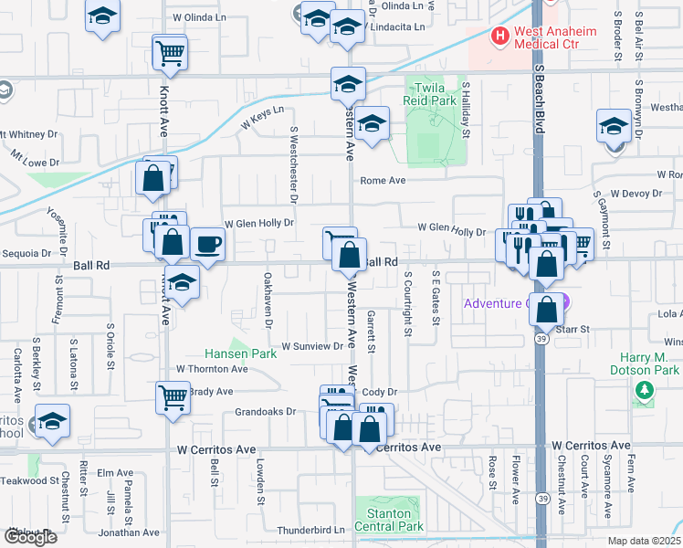 map of restaurants, bars, coffee shops, grocery stores, and more near 3200 West Ball Road in Anaheim