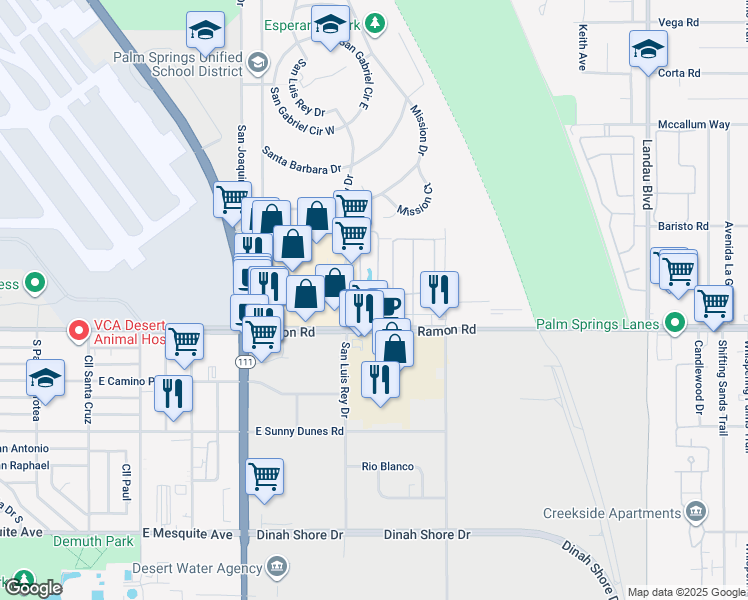 map of restaurants, bars, coffee shops, grocery stores, and more near 55 Lakeview Circle in Cathedral City