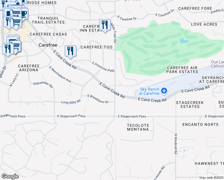 map of restaurants, bars, coffee shops, grocery stores, and more near 7936 East Cave Creek Road in Carefree