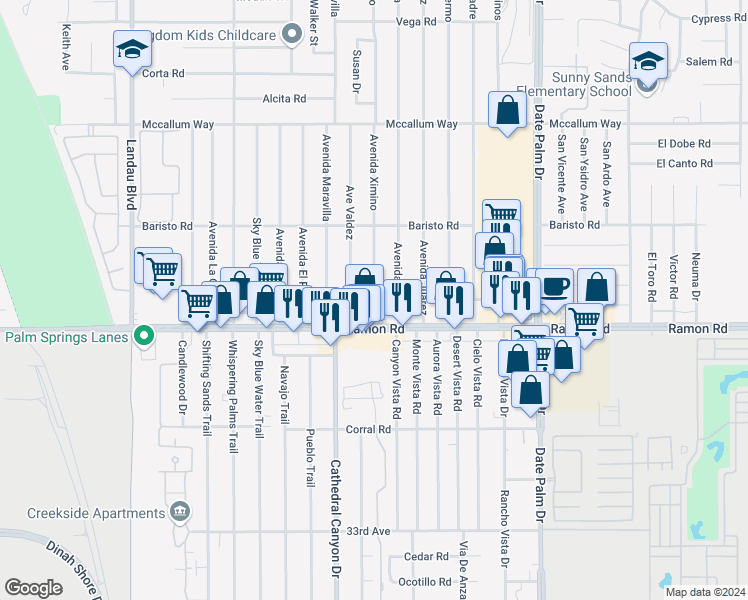 map of restaurants, bars, coffee shops, grocery stores, and more near Avenida Ximino in Cathedral City