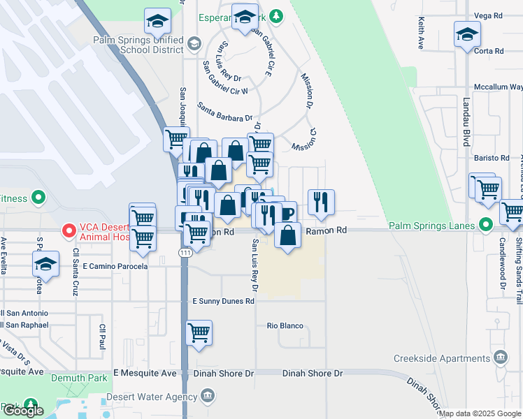 map of restaurants, bars, coffee shops, grocery stores, and more near 31562 San Luis Rey Drive in Cathedral City