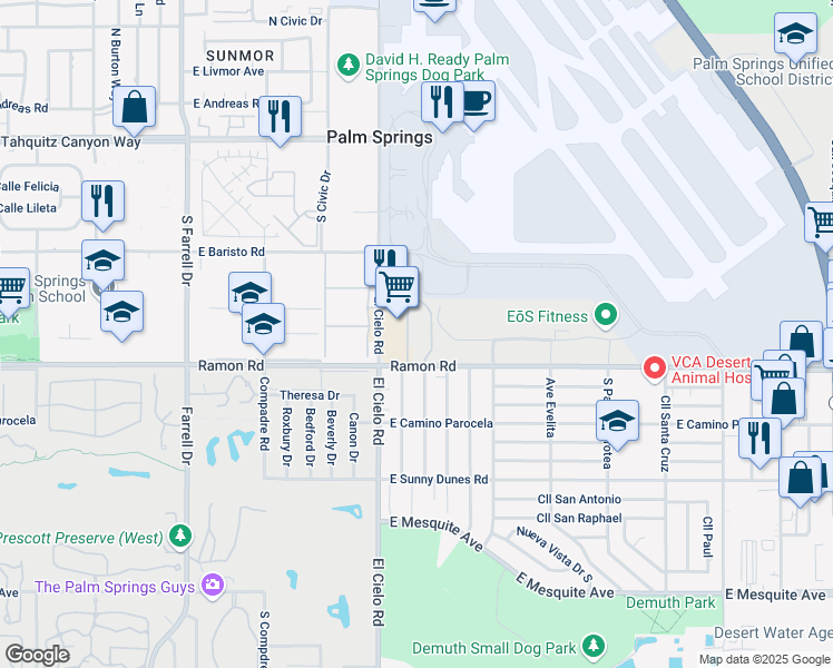 map of restaurants, bars, coffee shops, grocery stores, and more near 440 El Cielo Road in Palm Springs