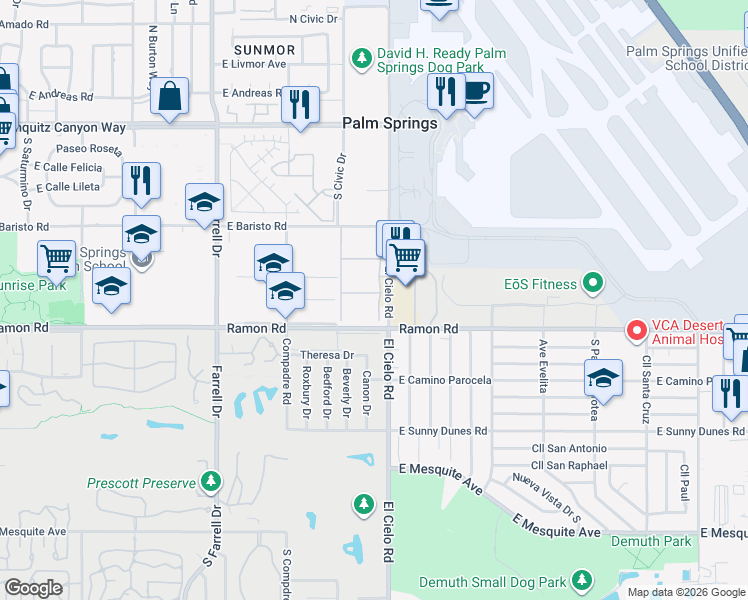 map of restaurants, bars, coffee shops, grocery stores, and more near 401 El Cielo Road in Palm Springs