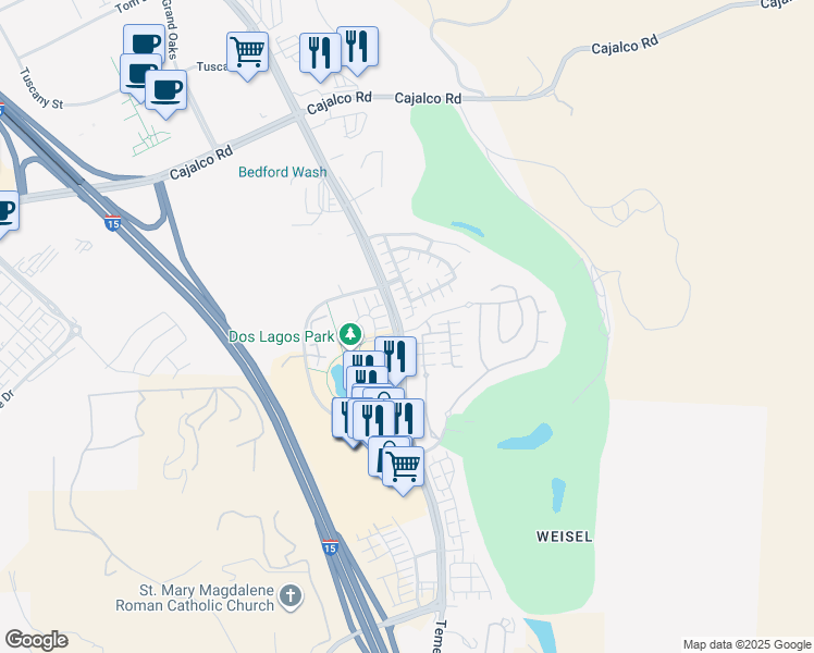 map of restaurants, bars, coffee shops, grocery stores, and more near 4261 Windspring Circle in Corona