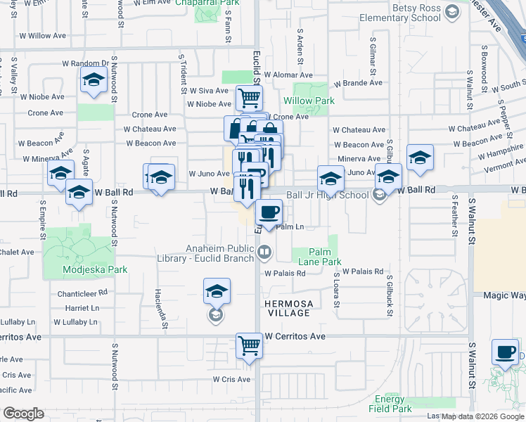 map of restaurants, bars, coffee shops, grocery stores, and more near 1680 West Ball Road in Anaheim