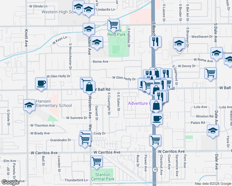 map of restaurants, bars, coffee shops, grocery stores, and more near 3113 West Ball Road in Anaheim
