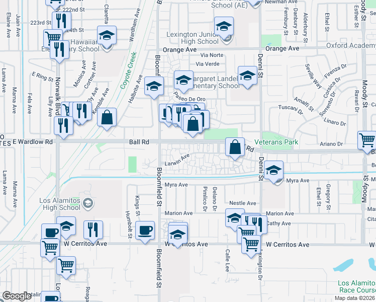 map of restaurants, bars, coffee shops, grocery stores, and more near 4125 Larwin Avenue in Cypress