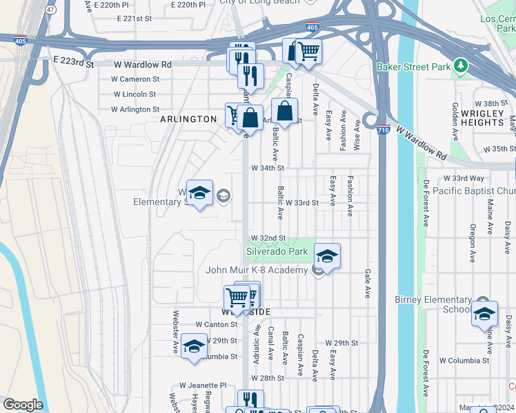 map of restaurants, bars, coffee shops, grocery stores, and more near 3318 Santa Fe Avenue in Long Beach