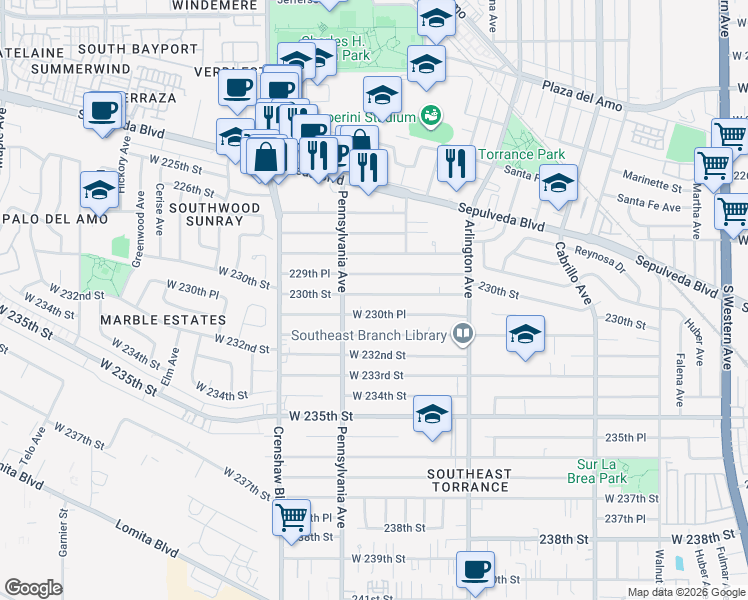 map of restaurants, bars, coffee shops, grocery stores, and more near 2358 229th Place in Torrance
