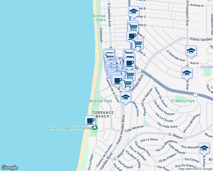 map of restaurants, bars, coffee shops, grocery stores, and more near 1721 Camino de la Costa in Redondo Beach