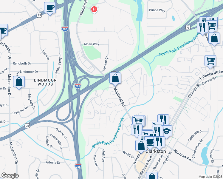 map of restaurants, bars, coffee shops, grocery stores, and more near 3494 Andrew Jackson Drive in Clarkston