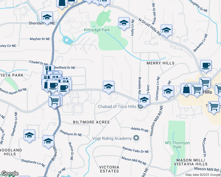 map of restaurants, bars, coffee shops, grocery stores, and more near 1272 Breezy Lane Northeast in Atlanta