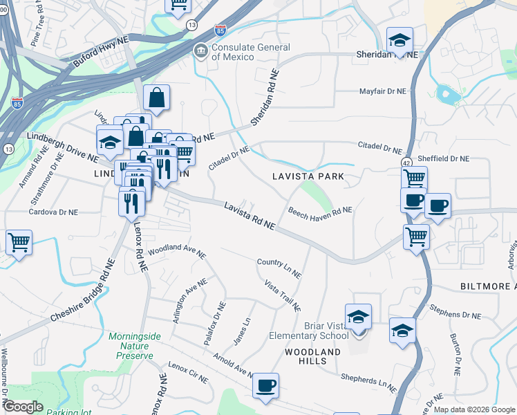 map of restaurants, bars, coffee shops, grocery stores, and more near 1352 Lavista Road Northeast in Atlanta