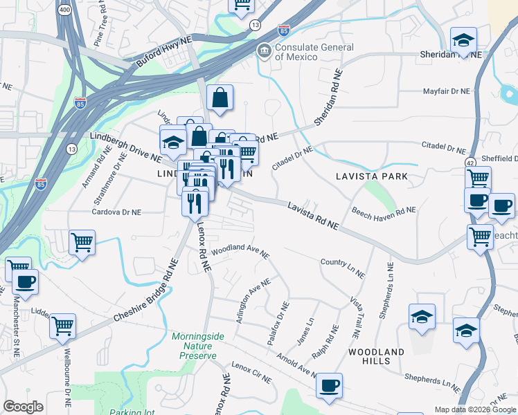 map of restaurants, bars, coffee shops, grocery stores, and more near 1272 Georgia 236 in Atlanta
