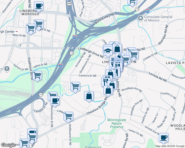 map of restaurants, bars, coffee shops, grocery stores, and more near 962 Cardova Drive Northeast in Atlanta