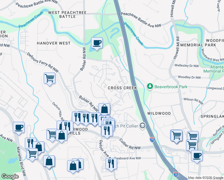 map of restaurants, bars, coffee shops, grocery stores, and more near 159 Maribeau Square Northwest in Atlanta