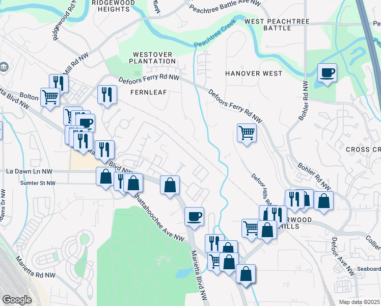 map of restaurants, bars, coffee shops, grocery stores, and more near 1529 Liberty Parkway Northwest in Atlanta