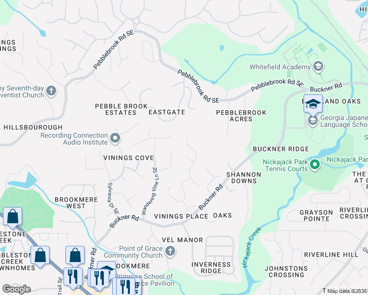 map of restaurants, bars, coffee shops, grocery stores, and more near 950 Wandering Vine Drive Southeast in Mableton