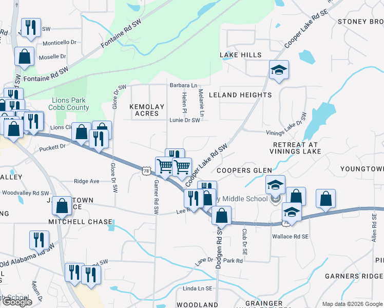 map of restaurants, bars, coffee shops, grocery stores, and more near 229 Spring Lane in Mableton
