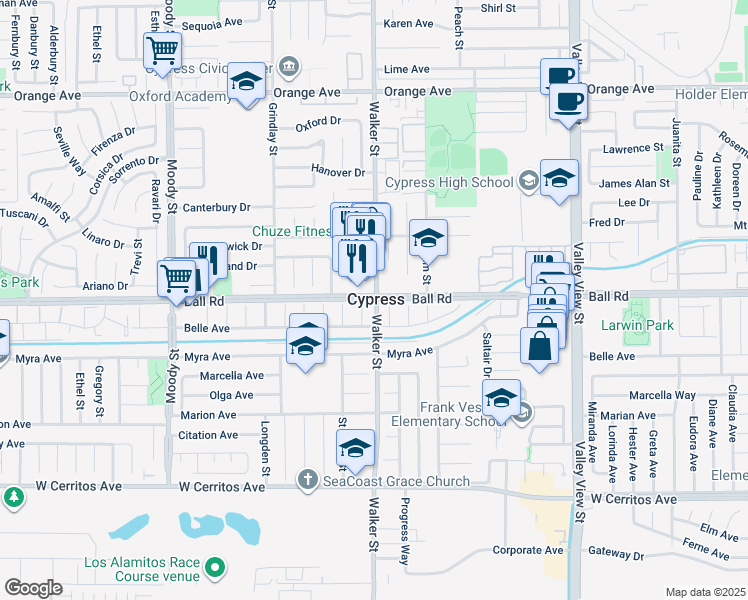 map of restaurants, bars, coffee shops, grocery stores, and more near 5492 Ball Road in Cypress