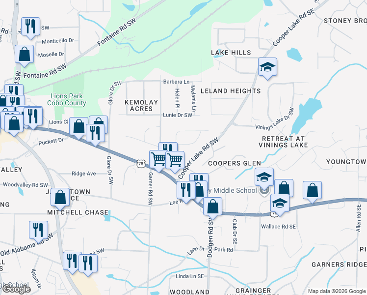 map of restaurants, bars, coffee shops, grocery stores, and more near 229 Spring Lane in Mableton