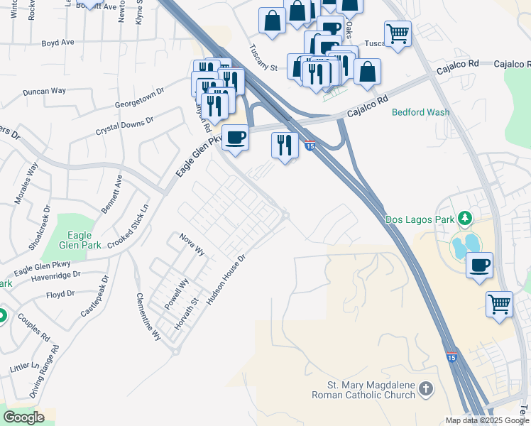 map of restaurants, bars, coffee shops, grocery stores, and more near 2561 Sprout Lane in Corona