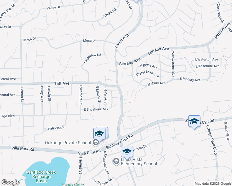 map of restaurants, bars, coffee shops, grocery stores, and more near 5247 East Playano Avenue in Orange