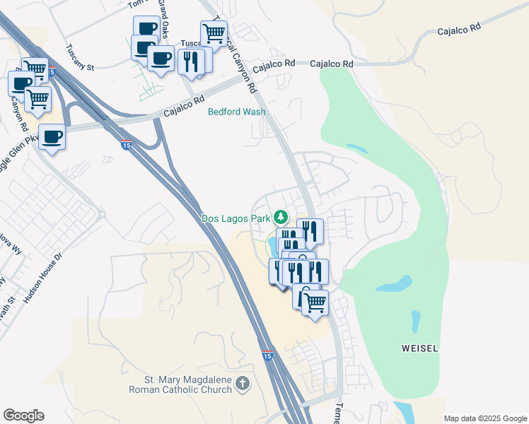 map of restaurants, bars, coffee shops, grocery stores, and more near 2736 Blue Springs Drive in Corona