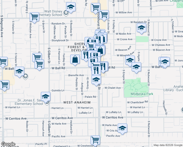 map of restaurants, bars, coffee shops, grocery stores, and more near 9950 West Ball Road in Anaheim