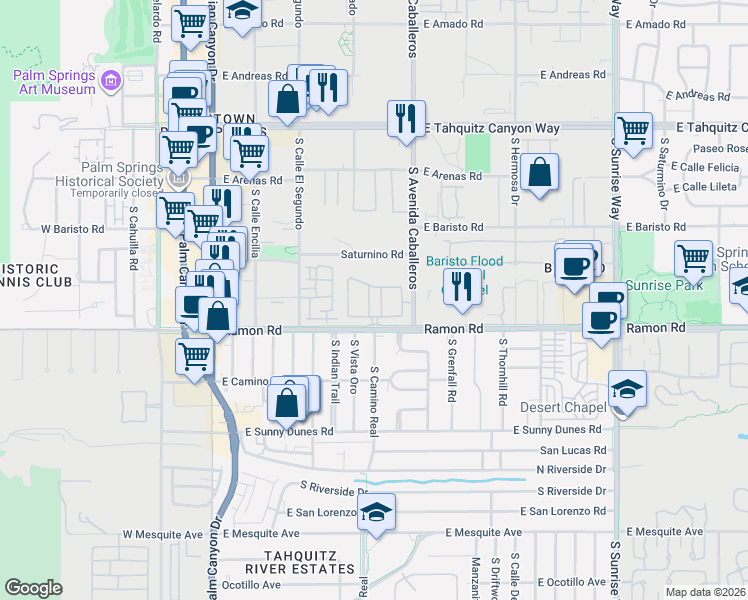 map of restaurants, bars, coffee shops, grocery stores, and more near 415 Village Square North in Palm Springs