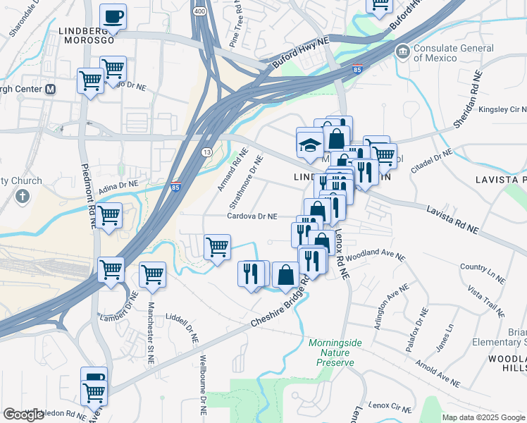 map of restaurants, bars, coffee shops, grocery stores, and more near 956 Cardova Drive Northeast in Atlanta
