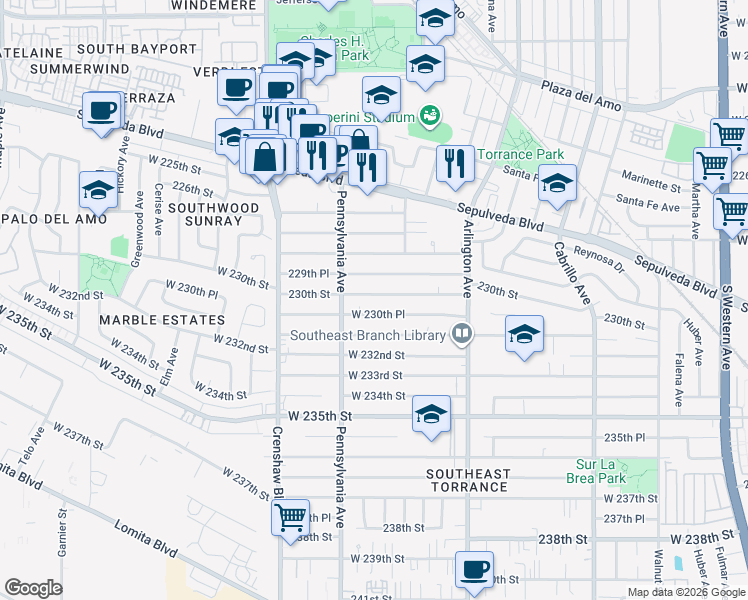 map of restaurants, bars, coffee shops, grocery stores, and more near 2358 229th Place in Torrance