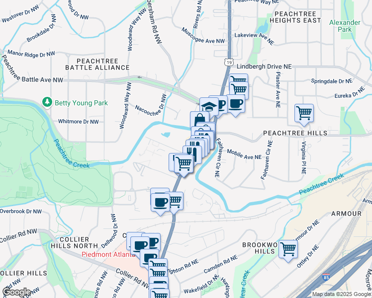 map of restaurants, bars, coffee shops, grocery stores, and more near 21 Peachtree Memorial Drive Northwest in Atlanta