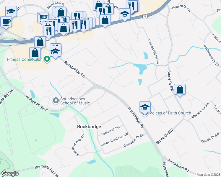 map of restaurants, bars, coffee shops, grocery stores, and more near 2296 Rockbridge Road Southwest in Stone Mountain