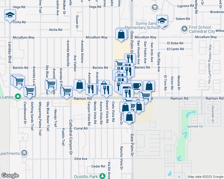 map of restaurants, bars, coffee shops, grocery stores, and more near Aliso Road in Cathedral City
