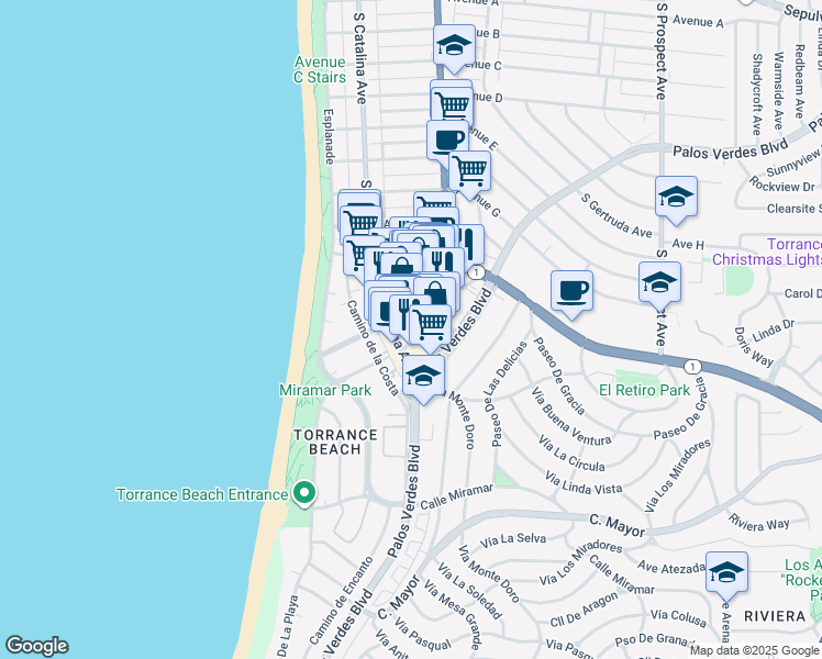 map of restaurants, bars, coffee shops, grocery stores, and more near 1800 South Elena Avenue in Redondo Beach