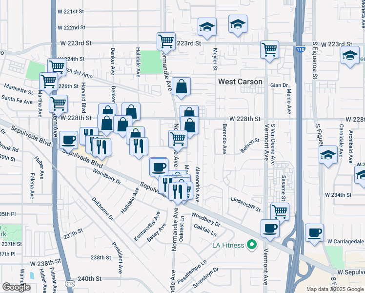 map of restaurants, bars, coffee shops, grocery stores, and more near 22919 Mariposa Avenue in Torrance