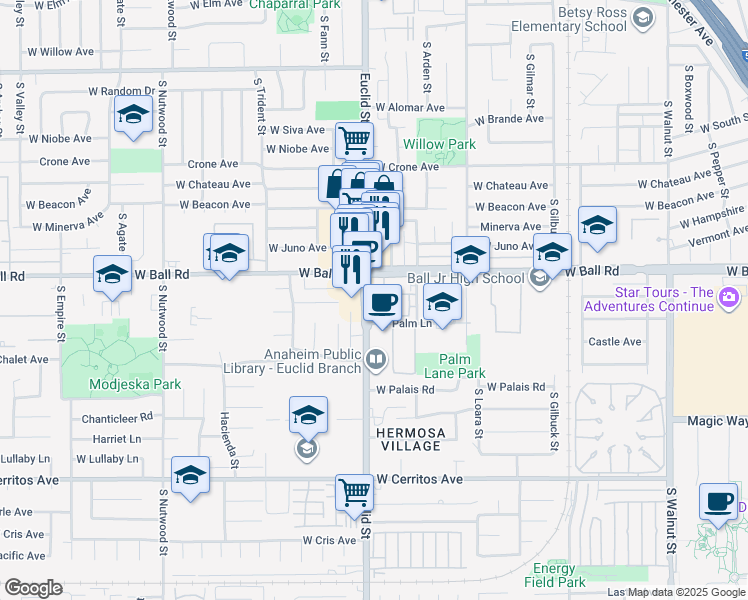 map of restaurants, bars, coffee shops, grocery stores, and more near 1680 West Ball Road in Anaheim