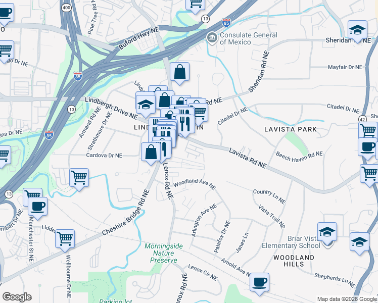 map of restaurants, bars, coffee shops, grocery stores, and more near 1155 Lavista Road Northeast in Atlanta