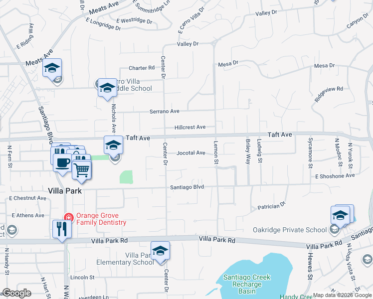 map of restaurants, bars, coffee shops, grocery stores, and more near 18391 Jocotal Avenue in Villa Park