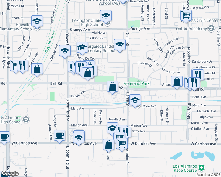 map of restaurants, bars, coffee shops, grocery stores, and more near 4355 Larwin Avenue in Cypress