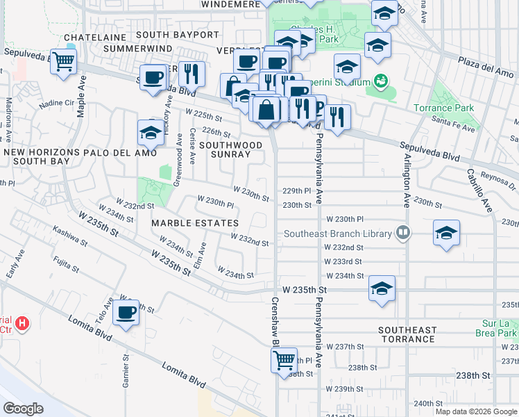 map of restaurants, bars, coffee shops, grocery stores, and more near 2524 West 230th Street in Torrance
