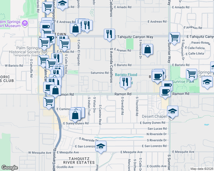 map of restaurants, bars, coffee shops, grocery stores, and more near in Palm Springs