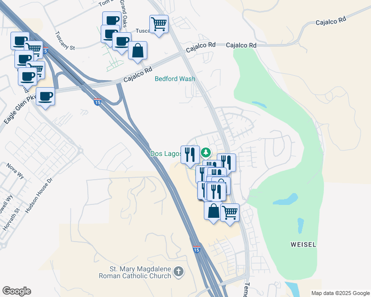 map of restaurants, bars, coffee shops, grocery stores, and more near 2720 Blue Springs Drive in Corona