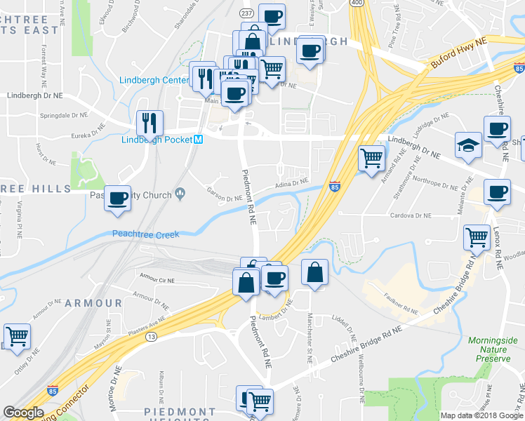 map of restaurants, bars, coffee shops, grocery stores, and more near 2175 Piedmont Road Northeast in Atlanta