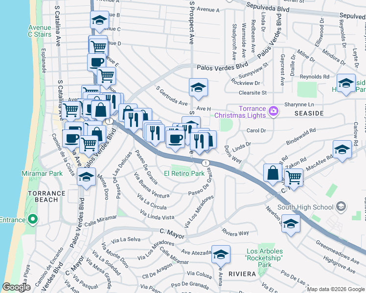 map of restaurants, bars, coffee shops, grocery stores, and more near 1932 South Prospect Avenue in Redondo Beach
